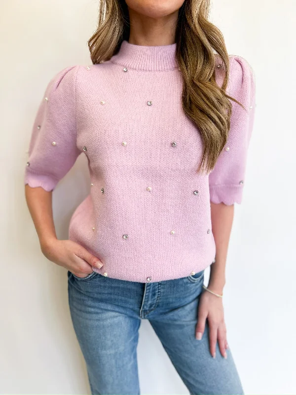 Lilac Scallop Embellished Knit Sweater