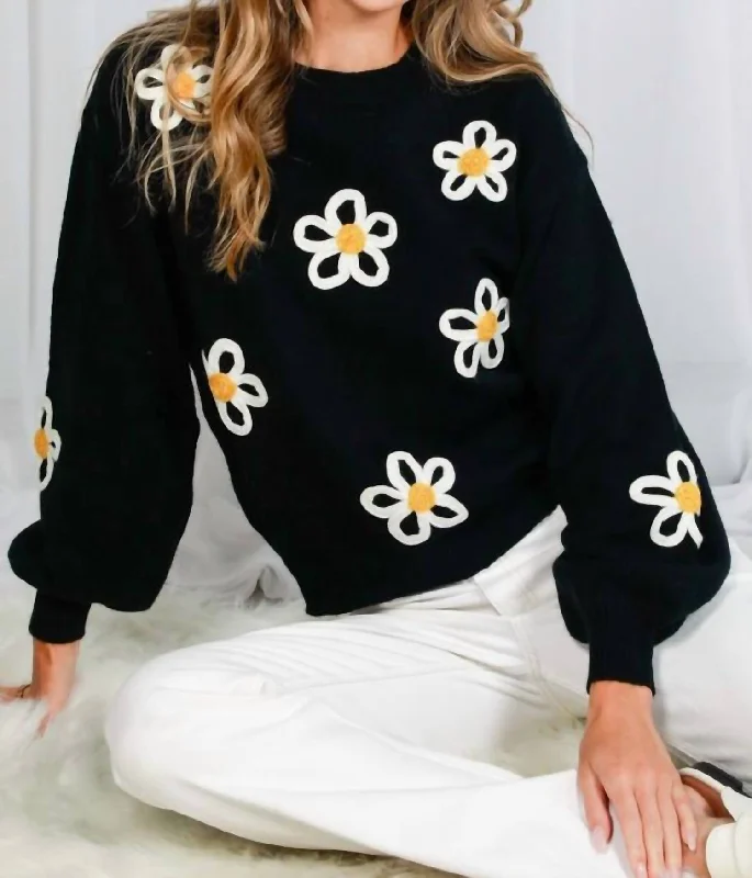 Crew Neck Balloon Sleeve Floral Embroidered Sweater In Black