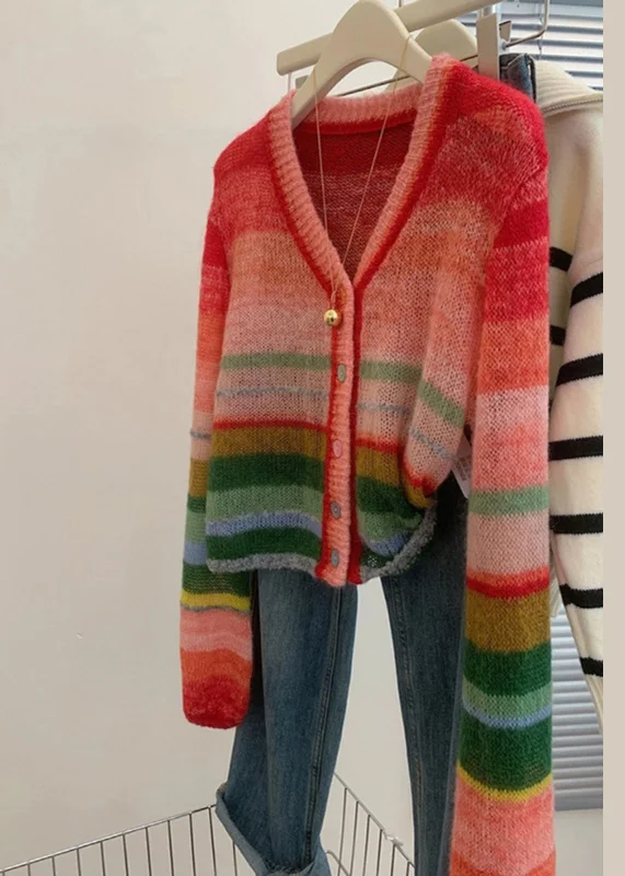 New Striped V Neck Button Patchwork Knit Cardigan Long Sleeve