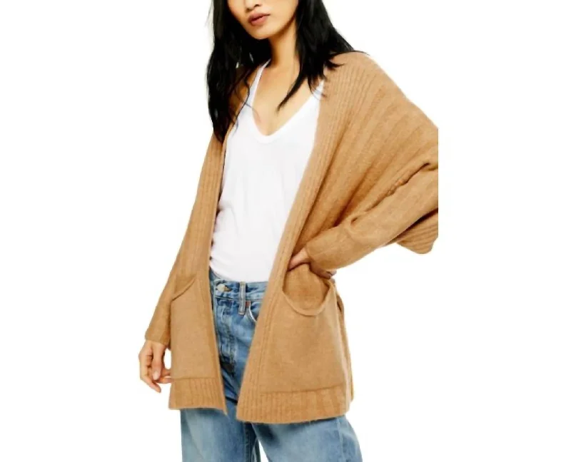 Open Front Knit Oversized Sweater Cardigan In Brown