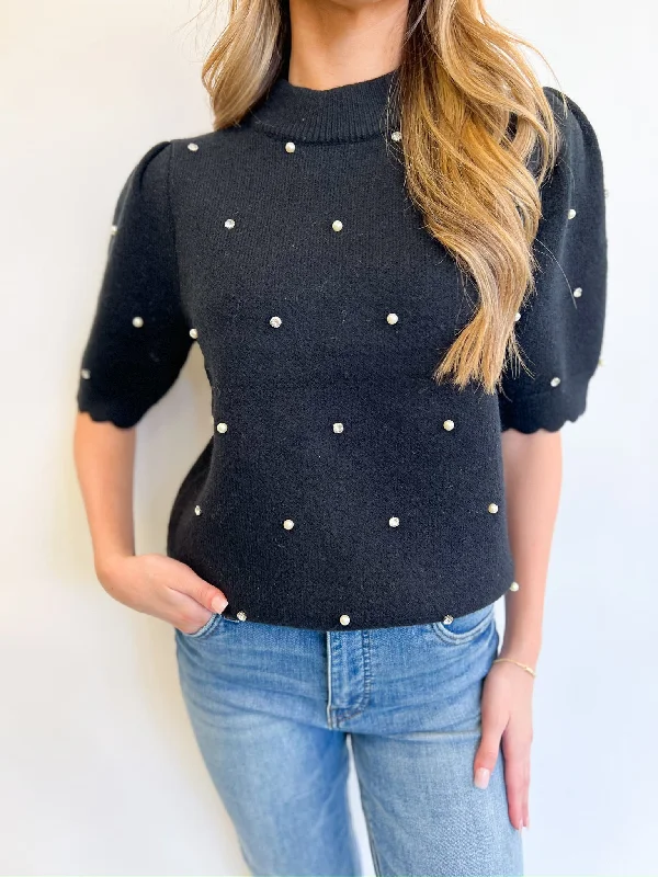 Black Scallop Embellished Knit Sweater