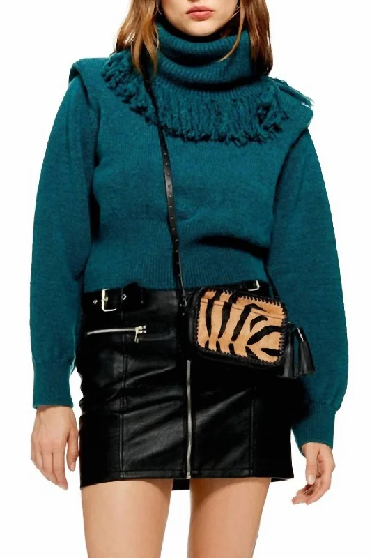 Rock It Fringe Turtleneck Cropped Sweater In Green