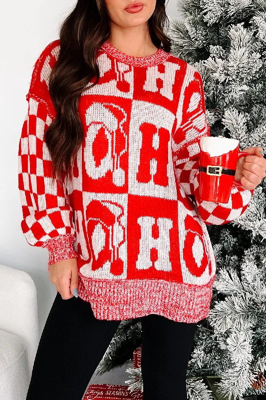 On The Nice List Checkered Sleeve Holiday Sweater (Red)