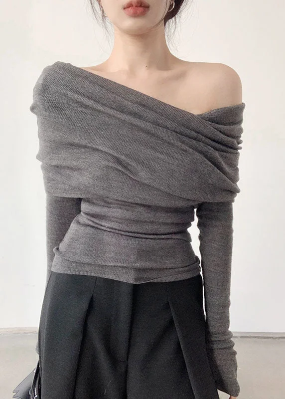 Chic Grey Slash Neck Patchwork Knit Tops Spring