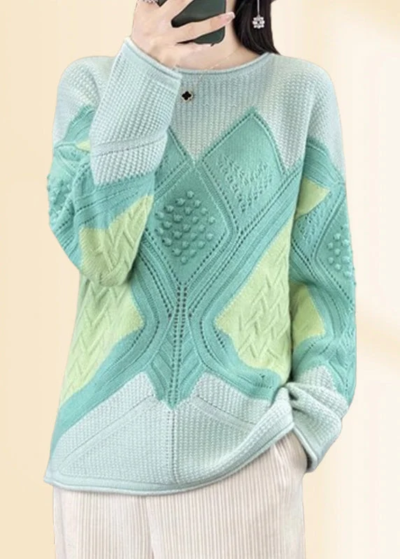 Beautiful Green O-Neck Plaid Cotton Knit Sweaters Fall