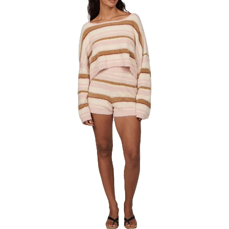 Charlie Holiday Tellow Women's Striped Fuzzy Knit Long Sleeve Crop Top