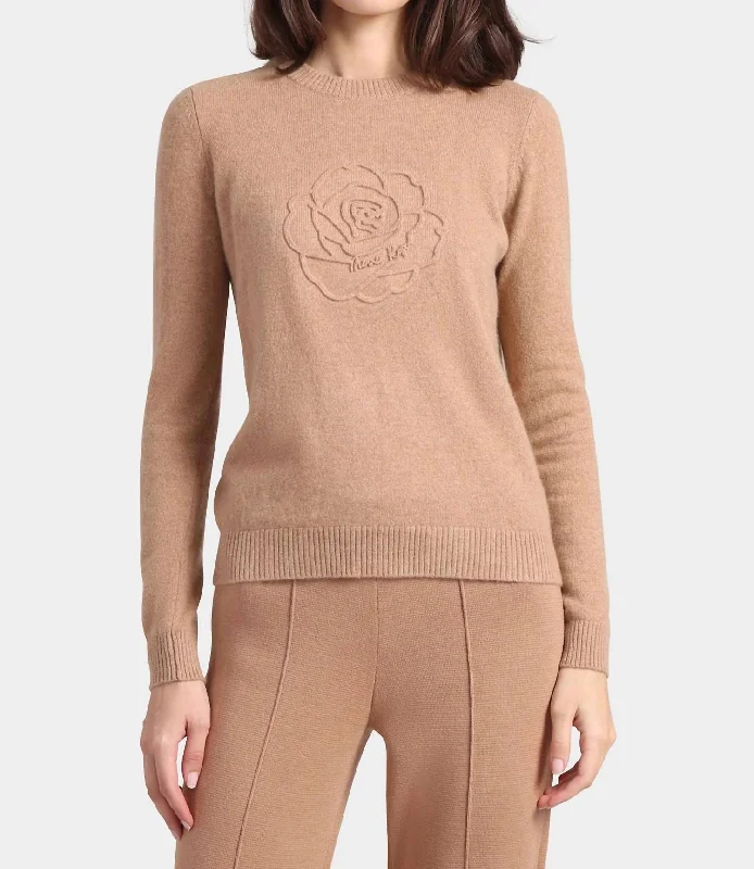 Cashmere Embossed Rose Sweater In Camel