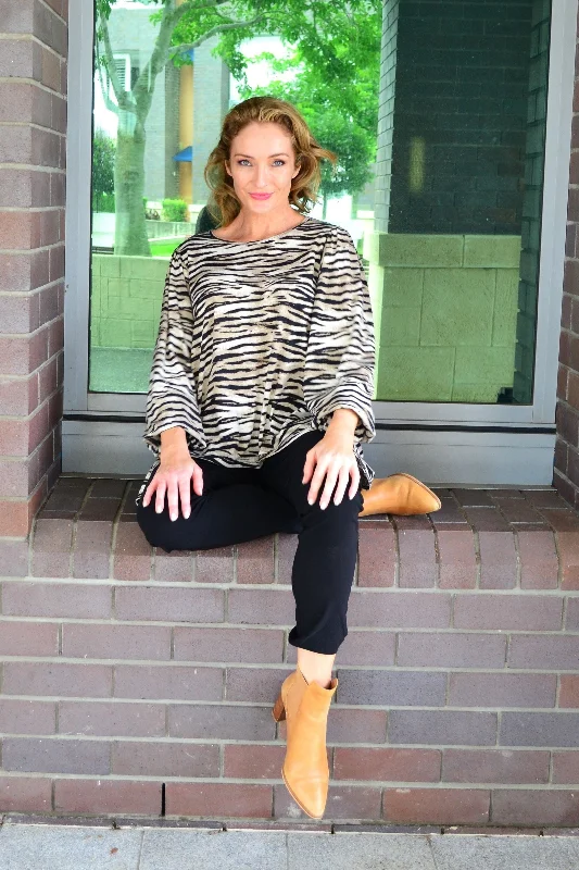 Warm Layers Zebra Billowed Puff Sleeve Fleece Tunic Top