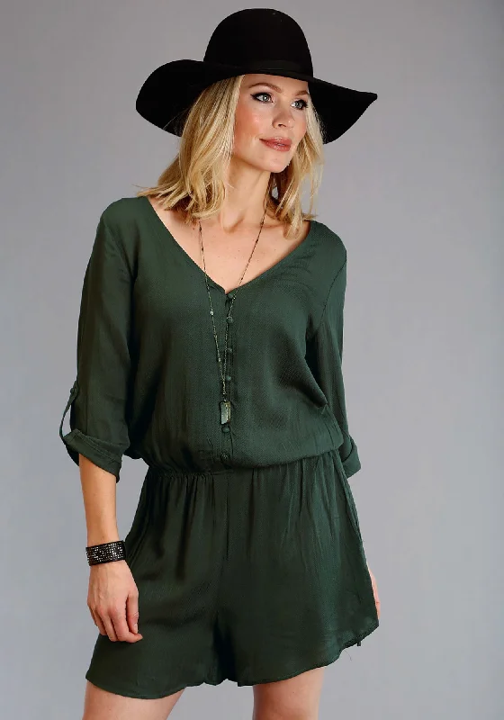 Fresh And Capable Stetson Womens Open V-Neck Olive 100% Rayon Romper