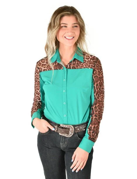 Light Fit Cowgirl Tuff Womens Sheer Leopard Turquoise Poly/Spandex L/S Shirt