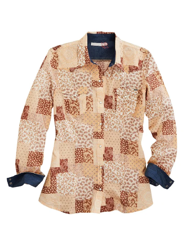 Cozy Outerwear Tin Haul Womens Sunrise Patchwork Brown 100% Cotton L/S Shirt