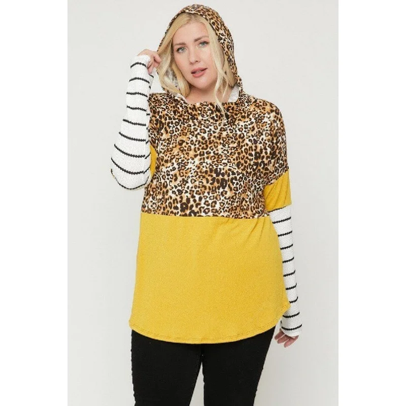 Plus Size Color Block Hoodie Featuring A Cheetah Print