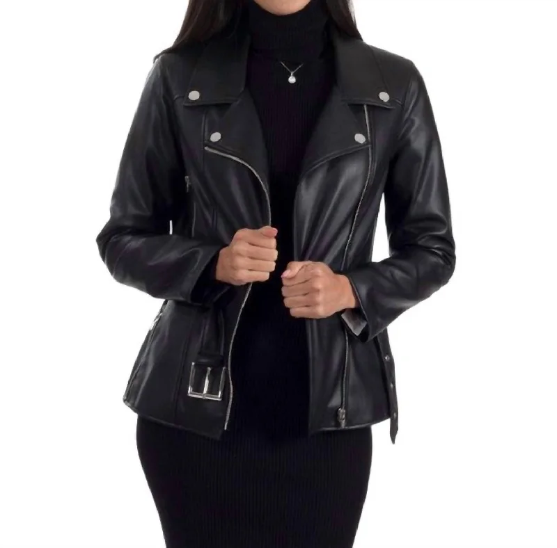 Faux Leather With Belt Biker Jacket In Black