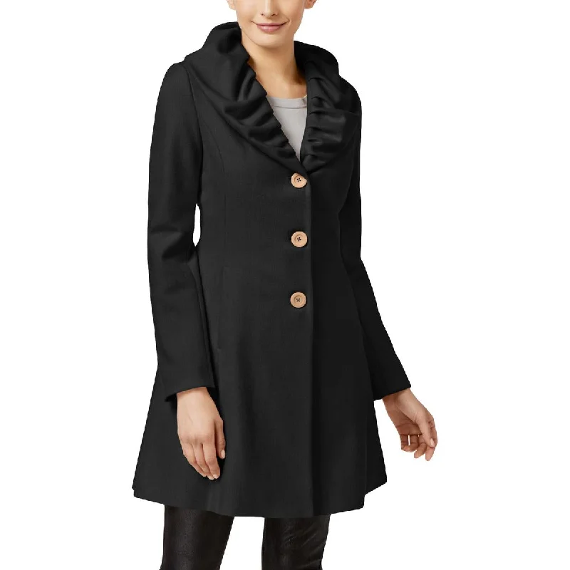 T Tahari Womens Abigail Wool Ruffled Collar Basic Coat