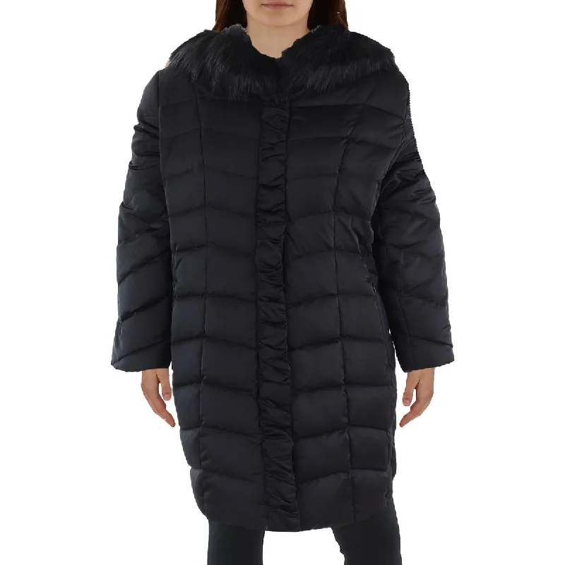 Tahari Womens Plus Insulated Faux Fur Trim Puffer Jacket