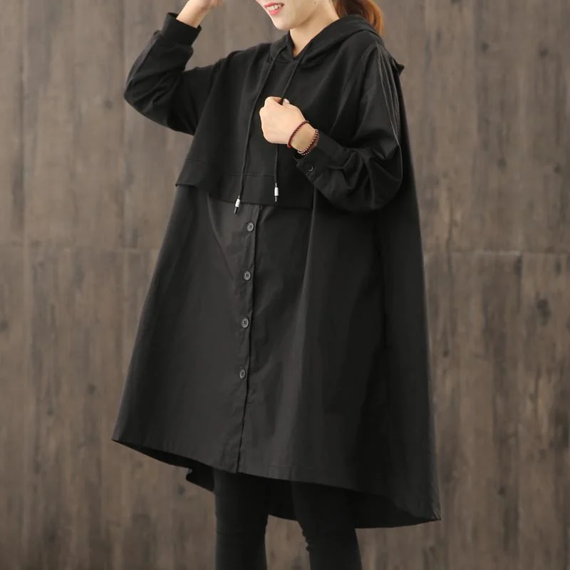 Women hooded wrinkled Plus Size Long coatsblack coat