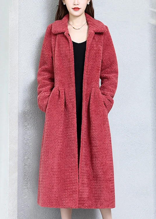 Women Watermelon Red Wrinkled Pockets Teddy Faux Fur Coats Long Sleeve