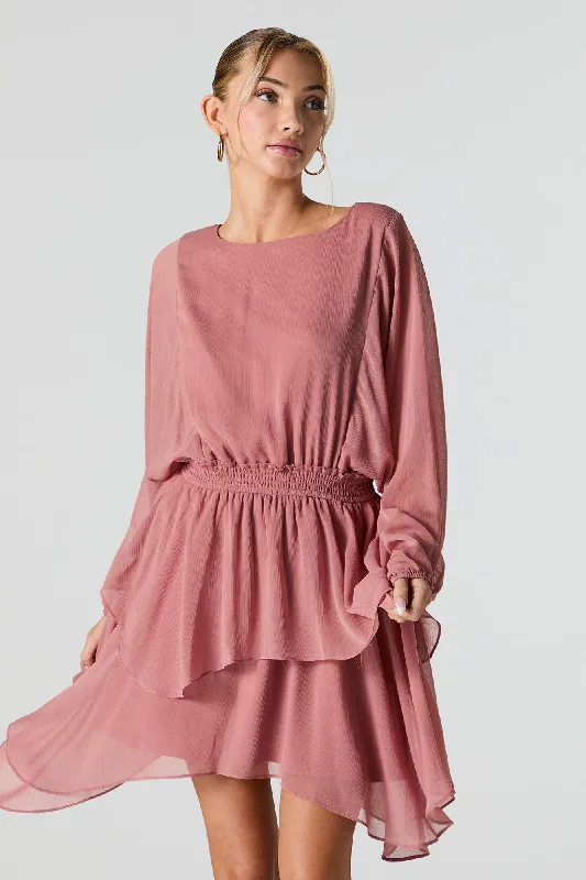 Mesh Tiered Long Sleeve Flowy Mini Dress