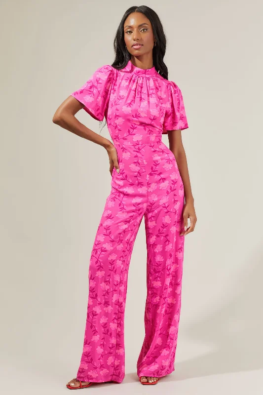 Clever Floral Mock Neck Wide Leg Jumpsuit