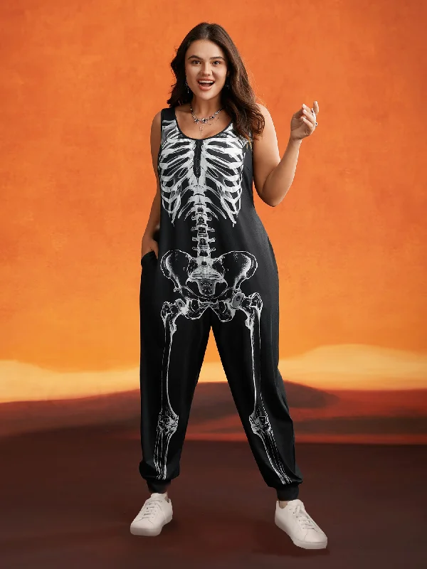 Skeleton Printed Off-Sleeves Jumpsuit