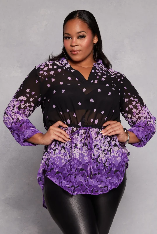 Plus Size Floral Printed Tie Waist Top