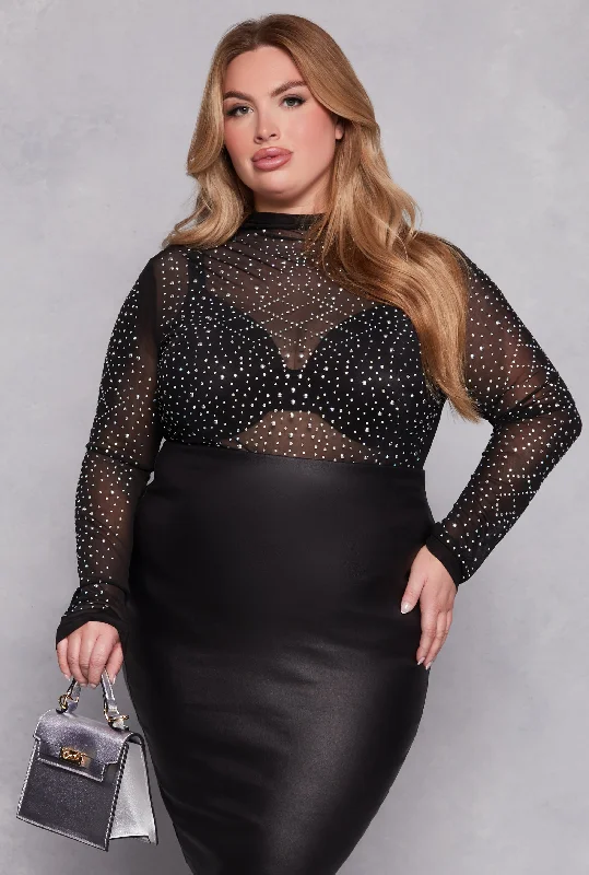 Plus Size Mesh Rhinestone Studded Long Sleeve Top