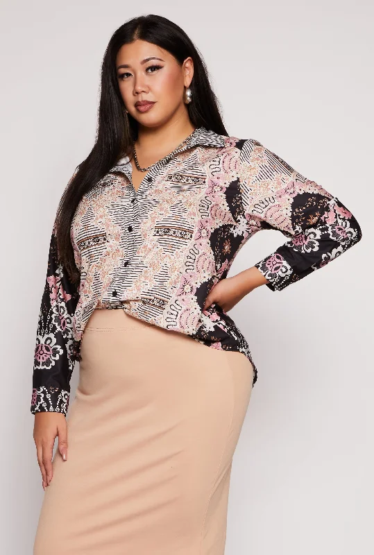 Plus Size Printed Long Sleeve Button Front Shirt