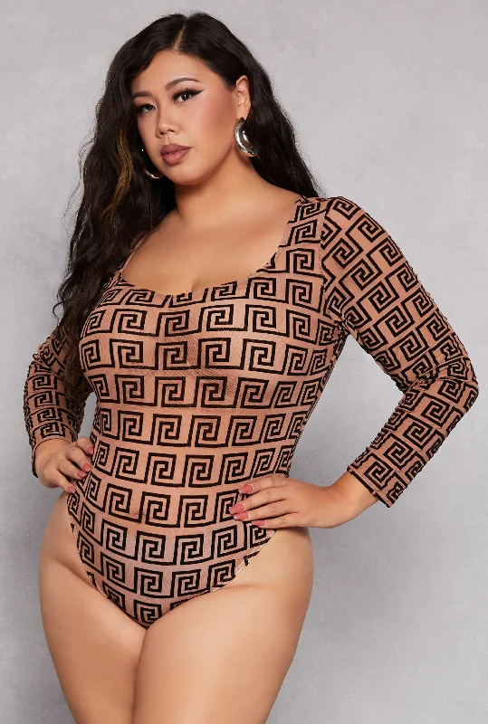 Plus Size Mesh Greek Key Velvet Burnout Bodysuit