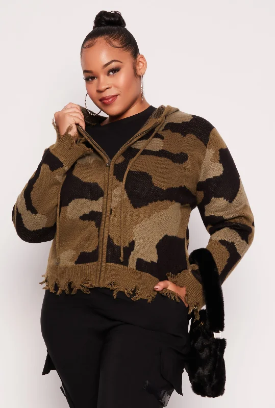 Plus Size Camo Zip Front Hooded Sweater