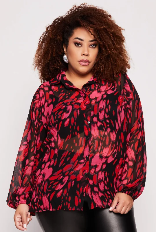 Plus Size Chiffon Printed Pattern Shirt