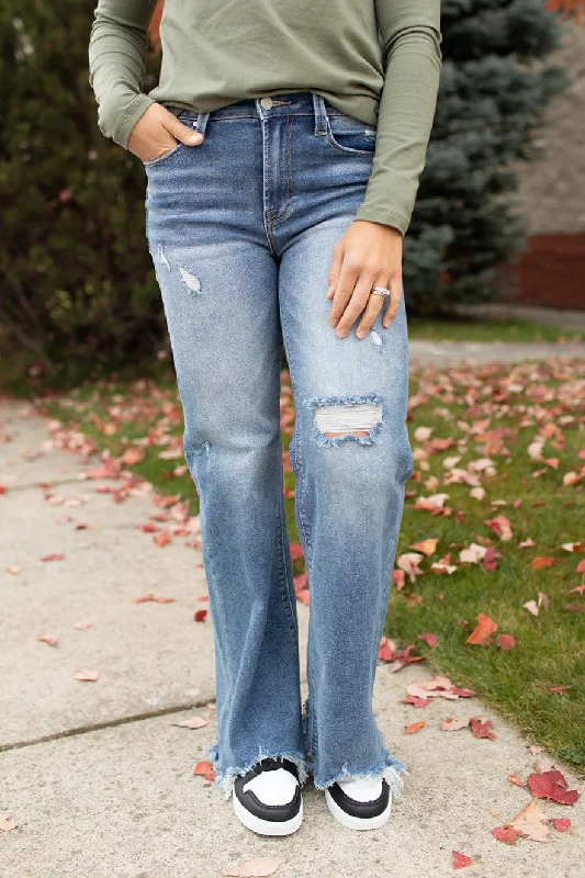 Risen High Rise Frayed Hem Wide Leg Jeans