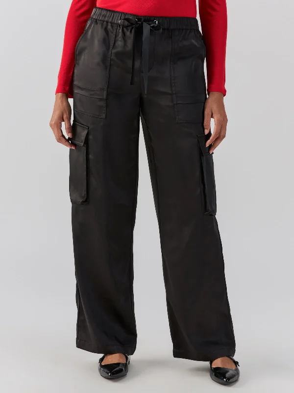 Satin Cargo Standard Rise Wide Leg Pant Black