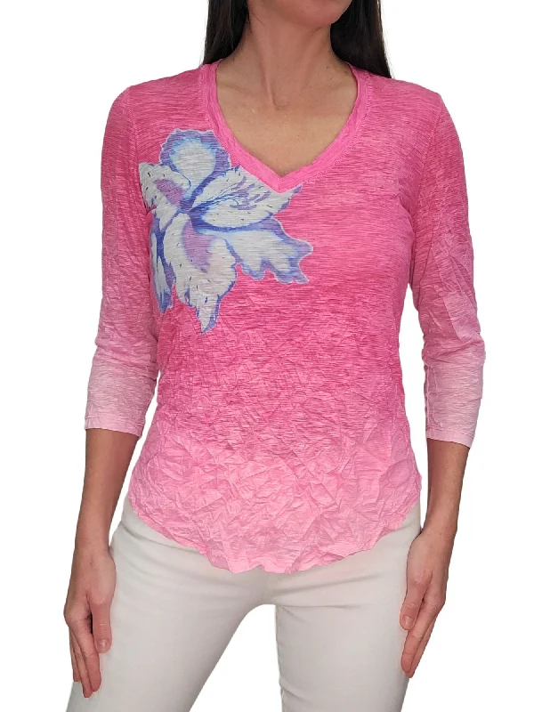 David Cline 3/4 Sleeve V-Neck Top with Stones - Peony