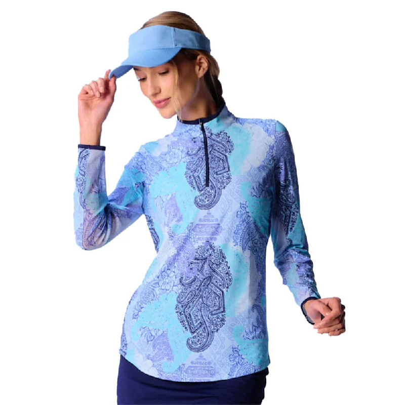 G Lifestyle Long Sleeve Collar Block Zip Mock Neck Top - Blue Paisley/True Navy